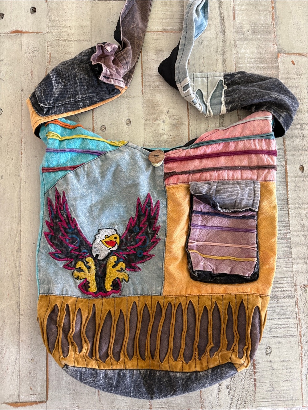 Bohemian Hippie Multicolor Patchwork Slouch Crossbody Bag with Eagle Embroider